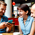**Target Audience Analysis:** A diverse group of German individuals (various ages, backgrounds) enthusiastically interacting with a modern mobile app interface on their smartphones. Focus on expressions of satisfaction and engagement. Background: A bustling Berlin cafe.
