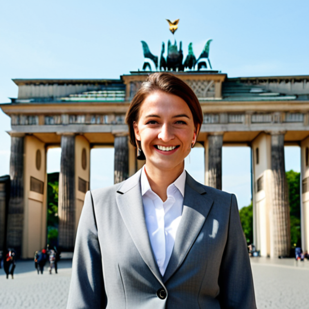 **
"A professional businesswoman in a tailored, grey business suit, standing confidently in front of the Brandenburg Gate in Berlin, Germany, fully clothed, appropriate attire, safe for work, perfect anatomy, natural proportions, professional photography, high quality. The suit is modern and stylish, the background is slightly blurred to emphasize the subject, sunny day. The woman is smiling subtly."
**