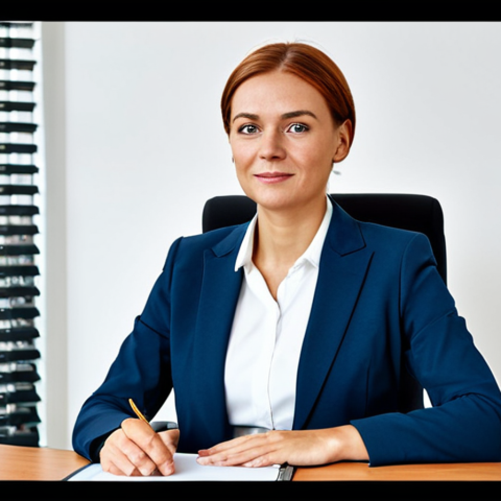 **
"A professional businesswoman in a modest business suit, sitting at a desk in a modern office in Berlin, fully clothed, appropriate attire, safe for work, perfect anatomy, natural proportions, professional photography, high quality, modern German office, family-friendly."
**