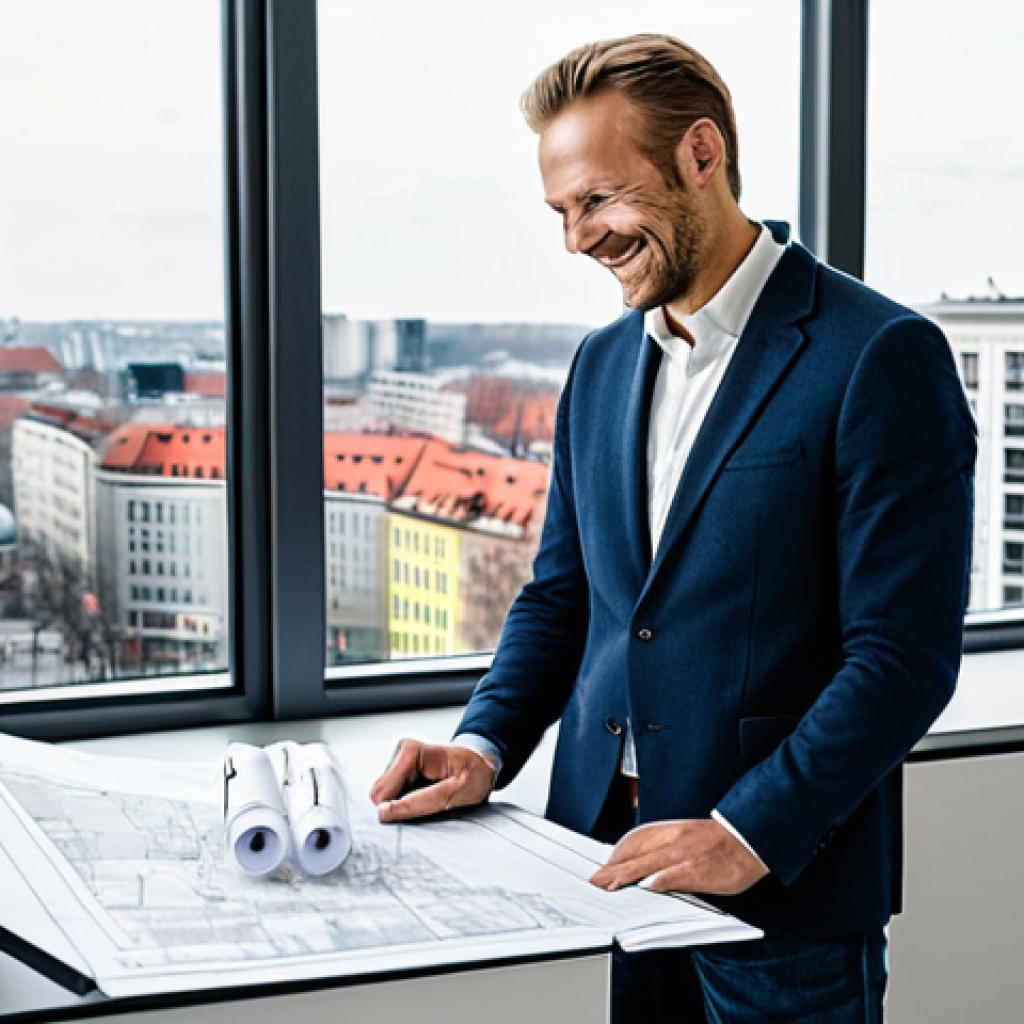 **
"A professional German architect, fully clothed in a stylish but modest outfit, reviewing blueprints in a bright, modern architectural office in Berlin, Germany. Large windows showcase the city skyline. The architect is smiling slightly, appearing confident and competent. Focus on details like the drafting table, architectural models in the background, and the natural light. safe for work, appropriate content, perfect anatomy, correct proportions, well-formed hands, proper finger count, natural pose, professional, high quality, modest attire."
**