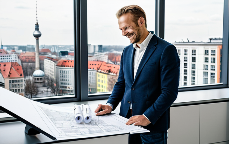 **
"A professional German architect, fully clothed in a stylish but modest outfit, reviewing blueprints in a bright, modern architectural office in Berlin, Germany. Large windows showcase the city skyline. The architect is smiling slightly, appearing confident and competent. Focus on details like the drafting table, architectural models in the background, and the natural light. safe for work, appropriate content, perfect anatomy, correct proportions, well-formed hands, proper finger count, natural pose, professional, high quality, modest attire."
**
