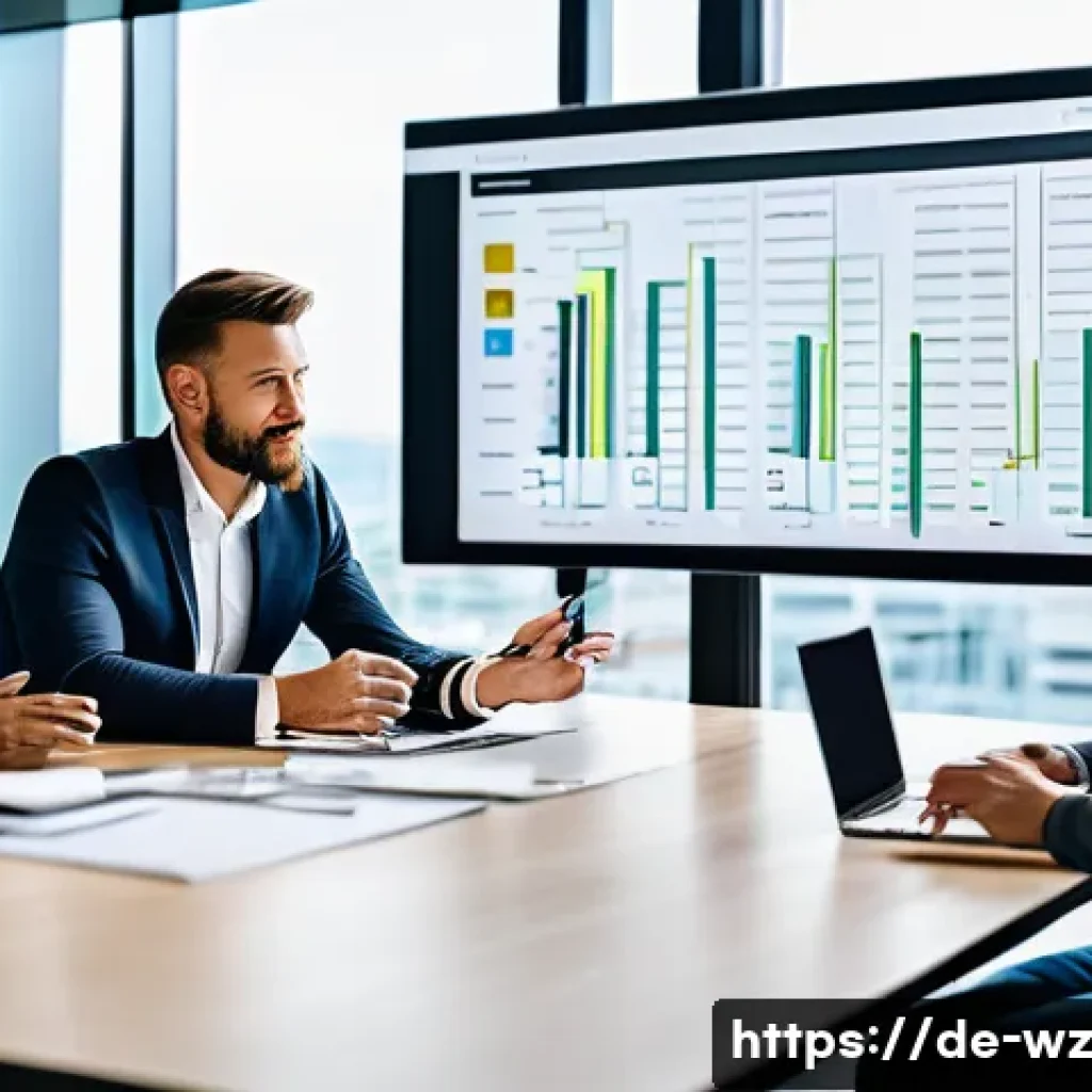 MVP 테스트 후 데이터 기반 결정 내리기 - A modern office scene showing a diverse team of professionals gathered around a large digital screen...