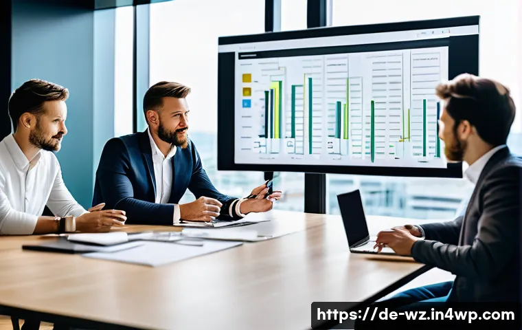 MVP 테스트 후 데이터 기반 결정 내리기 - A modern office scene showing a diverse team of professionals gathered around a large digital screen...