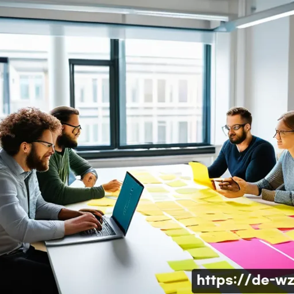 MVP 개발에서의 사용자 스토리 작성법 - A modern agile software development team in a bright, open office in Berlin, Germany, collaborating ...