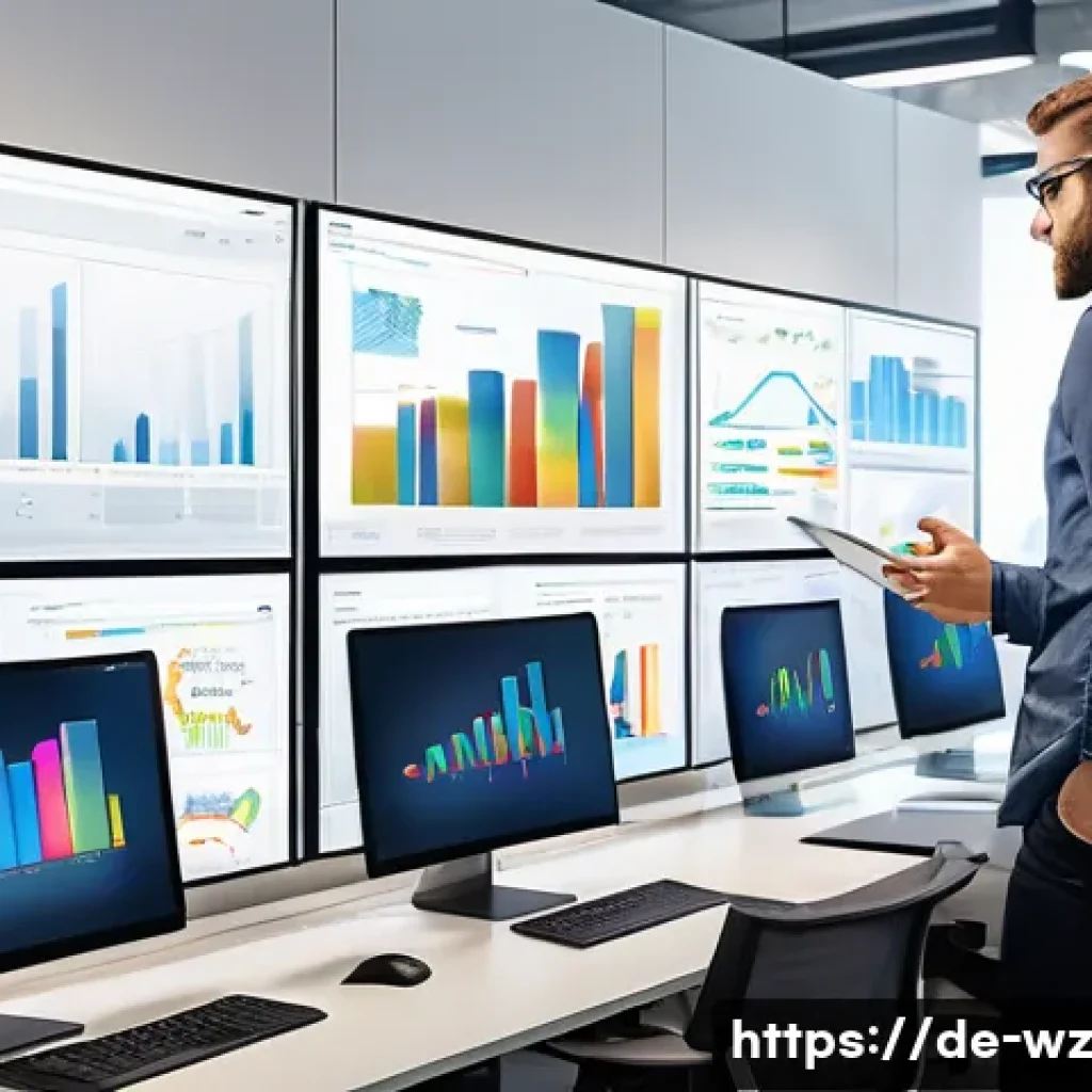 MVP 테스트의 결과 분석 및 보고 - A modern office scene showing a diverse team of professionals analyzing MVP test results on multiple...