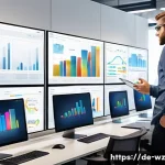 Home 22 MVP 테스트의 결과 분석 및 보고 - A modern office scene showing a diverse team of professionals analyzing MVP test results on multiple...