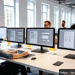 Home 19 MVP 개발에 필요한 도구 소개 - A modern startup office scene in Berlin, Germany, showing a diverse team of young professionals coll...
