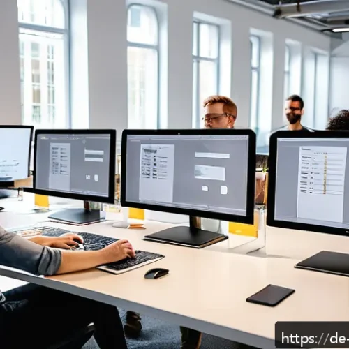 Home 31 MVP 개발에 필요한 도구 소개 - A modern startup office scene in Berlin, Germany, showing a diverse team of young professionals coll...